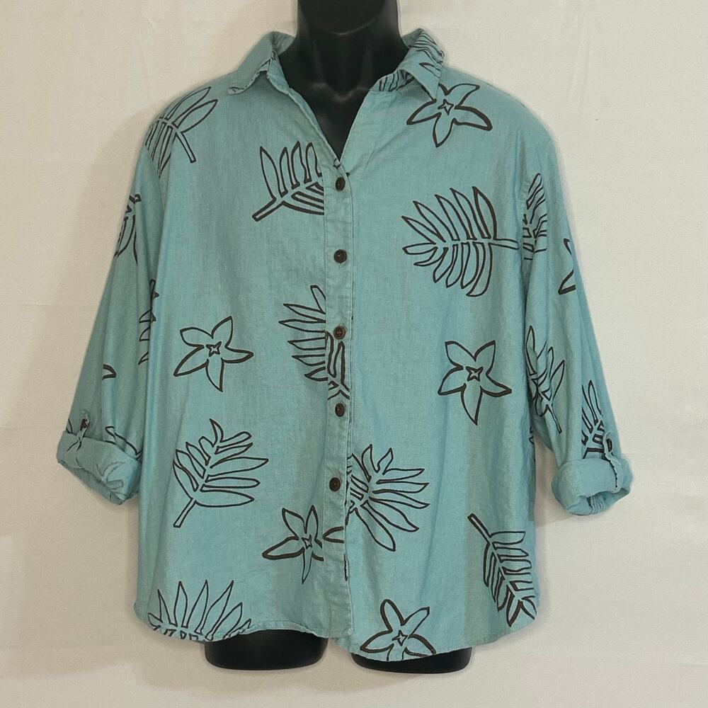 Palm Grove Women’s XL Aqua Linen Cotton Tropical Button-Up Shirt Roll Tab